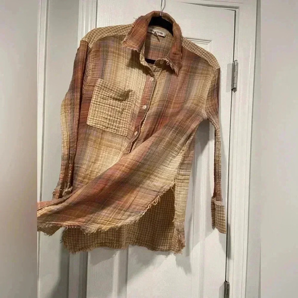 Urban Outfitters UO Shredded Hem Brown Plaid Double Gauze Button Down Size XS - Picture 7 of 13